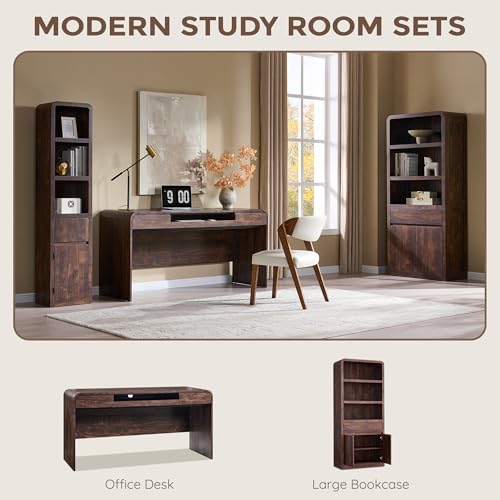 63" Modern Computer Desk with 2 Drawers, Wood Curved Executive Desk with Keyboard Tray & Power Outlet, Writing Desks with Storage for Home Office, Study Room, Living Room (Brown) - color: Brown