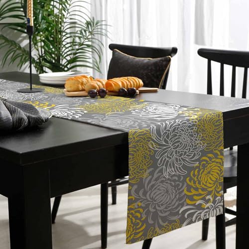 Floral Table Runner-Yellow Gray White Cotton linen-Long 90 inche Dresser Scarves,Flower Tablerunner for Kitchen Coffee/Dining Table Bedroom Home Living Room,Summer Spring Holiday Dinner Scarf Decor - color: Texturezld5966, size: 13x90 Inch