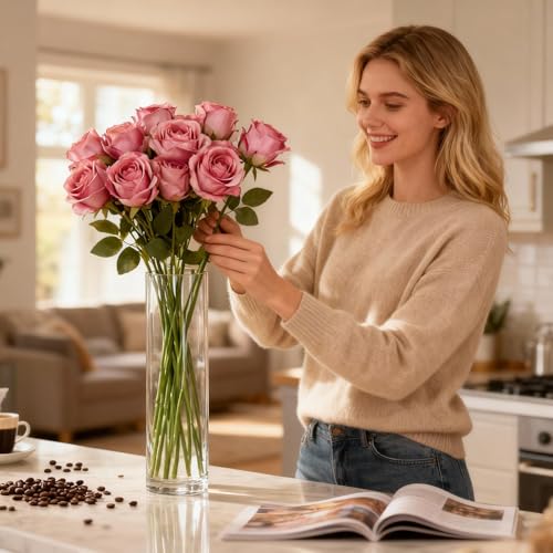 12 Pcs Deep Pink Roses Artificial Flowers -20" Silk Roses Bouquet,Fake Roses Long Stem for Arrangement Wedding Centerpiece Home Party Mother's Day Decor - color: Deep Pink