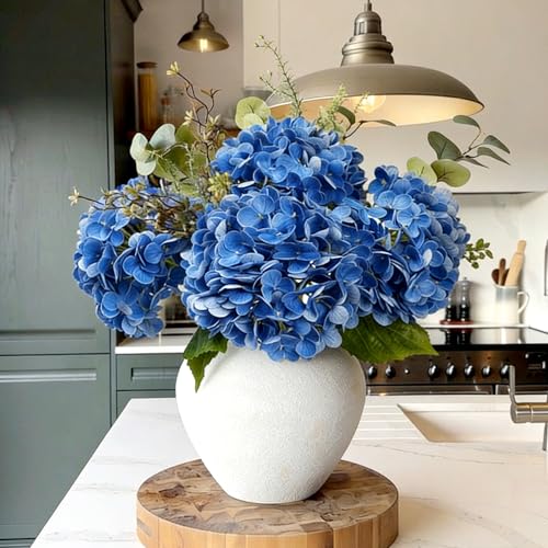Jahe 4 Pcs Hydrangea Artificial Flowers, 20'' Tall Large Bloom Faux Hydrangea Flowers,Real Touch Fake Flowers, Bouquet Home Wedding Decor, DIY Floral Arrangement, Dark Blue - color: Blue