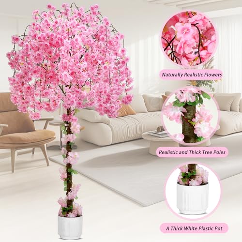 Artificial Cherry Blossom Tree, 6FT Height with 100 LED Lights, Faux Silk Plant in Pot for Home, Office, Wedding, Garden, Party, and Hotel Decorations (Pink, 6FT) - color: 6ft Pink Cherry