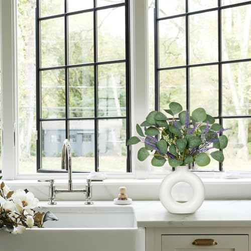 Artificial Eucalyptus Stems in Ceramic Vase 14.23" Fake Eucalyptus Plant Decor White Donut Vase with Greenery Centerpiece Table Decorations Small Faux Green Plant for Home Farmhouse Wedding Table - color: Whie