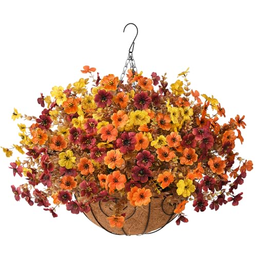 Artificial Fake Hanging Baskets Fall Flowers for Outdoors Decoration, Faux Silk Mums Plants UV Resistant Look Real Outside Yard Patio Front Porch Garden Balcony Home Autumn Decor (Orange Yellow Brown) - color: Orange Yellow Brown