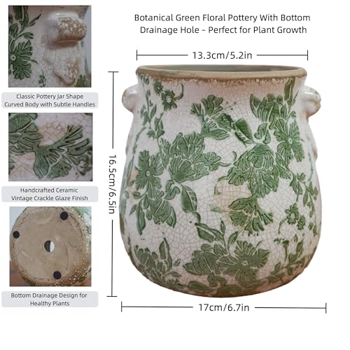 Vintage Ceramic Vase with Green Floral Pattern, White and Green, Crackle Glazed Finish, Decorative Garden Design (Large - Belly Jar with Drainage Hole) - size: Large - Belly Jar with Drainage Hole