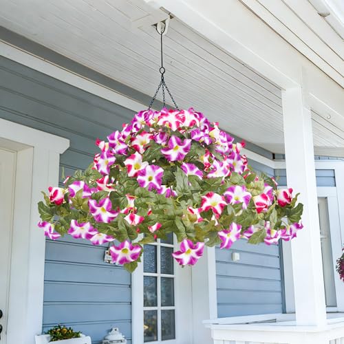 YOUNGLEAVES 2pcs Artificial Fake Petunia Flowers for Outdoor Decoration | Faux Realistic Floral Plants, UV-resistant realistic flower bouquet, Ideal for Garden Porch Balcony Home Wedding Party Decor - color: Pink Purple