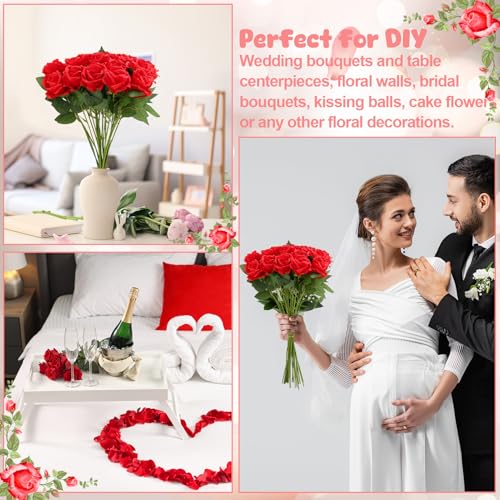 24 Pcs Red Rose Artificial Flowers with Long Stem Real Touch Silk Plastic Bouquet Red Roses Bulk for Wedding Party Table Centerpieces Festival Decorations - color: Red