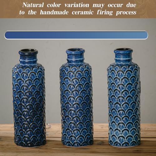 Ceramic Flower Vase,13.98" Tall Vintage Blue Pottery Vase for Home Decor, Rustic Textured Vase for Pampas Grass, Living Room, Entryway, Mantel, Kitchen Table - color: 103-blue