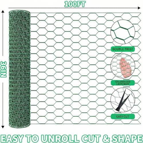36 x 1200 InchesChicken Wire for Floral Arrangements, Green Chicken Wire, Hexagonal Galvanized Wire Mesh for Poultry Barrier, Flower Arrangement, Crafts and Garden, Green - color: Green, size: 36 x 1200 Inches