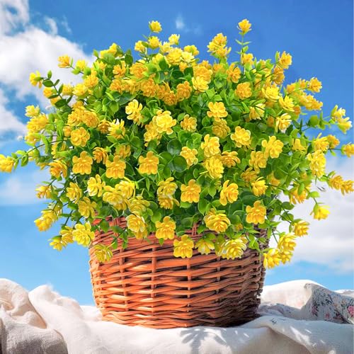 10 Bundles Artificial Fall Flowers for Outdoors,UV Resistant Fake Plastic Plants Artificial Shrubs Spring Flowers Decor of Vase and Outside Window Box, Ferns Plants for Planter-Yellow - color: Yellow, size: 10PCS
