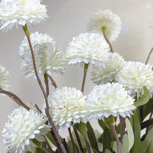 Artificial Flowers 10 Pcs Faux Silk Pompon Mum, Bulk Fake Flowers Mini Chrysanthemums with Stems for DIY Bouquet Centerpieces Wedding Fillers Champagne Arrangements Room Decor, White - color: White