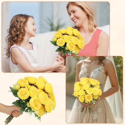16 Pack Yellow Peonies Artificial Flowers, Fake Silk Hydrangea Bouquet for Bridal Wedding Home Table Decor Reusable Dining Opening Ceremony Birthday Arrangement Faux Floral - color: Yellow