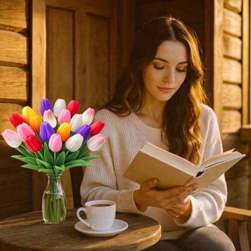 20 Pcs Tulips Artificial Flowers, 13.5'' Real Touch PU Fake Flowers Bouquet for Home Party, Spring Wedding Floral Arrangement, Valentine's, Easter and Mother's Day Decor (Pink,Red,Purple) - color: Pink,red,purple