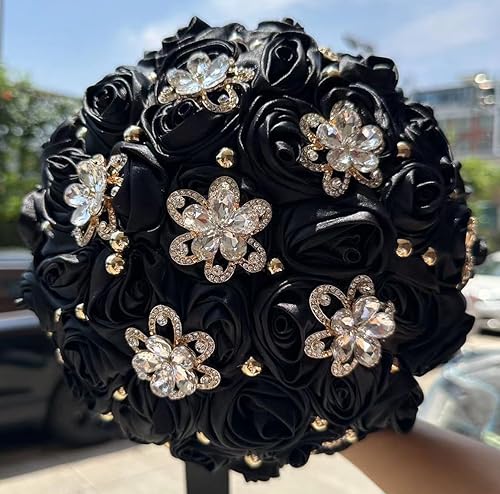 Sharebeauty 7.1" Handmade Satin Rose Bridal Bouquet Toss Round Wedding Bouquet Throw Toss Artificial Flower Bunch Black - color: 809a Black, size: 7.1"/18cm