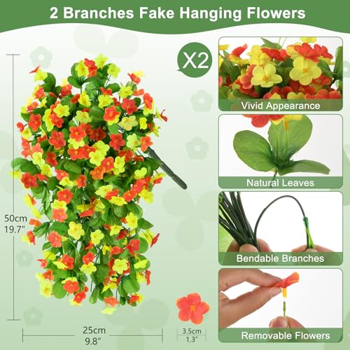 Artificial Fake Hanging Flowers for Outdoors, 2 Pcs Artificial Hanging Plants Outdoors Spring Summer Decor, UV Resistant Faux Violet Silk Flowers for Planters Front Door Yard Garden(Orange Yellow) - color: Orange Yellow
