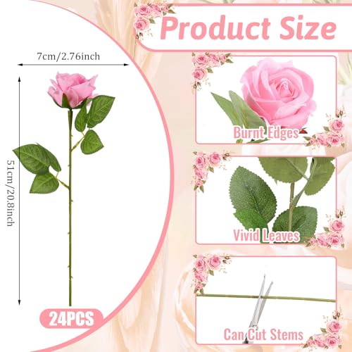 24 Pcs Pink Rose Artificial Flowers with Long Stem Real Touch Silk Plastic Bouquet Pink Roses Bulk for Wedding Party Table Centerpieces Festival Decorations - color: Pink