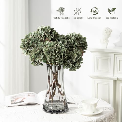 Hydrangea Artificial Flowers,Green Artificial Flower Fake Silk Hydrangea, Heads Bouquet with Stems Bulk for Fall Decoration Table Center Indoor Outdoor Faux Floral Plants 8pcs (Green) - color: Green