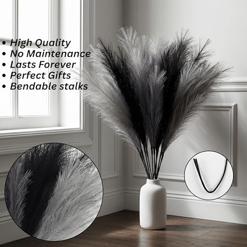 9 Pcs 43'' Faux Pampas Grass Decor, Tall Fluffy Black Gray Pampas Grass, Fake Pompas Branches, Long Feathers for Floor Vase, Boho Flower Arrangement for Home Wedding Decor - color: Black Gray