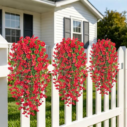 Artificial Hanging Flowers for Outdoors, 4 PCS UV Resistant Morning Glory Flowers with Eucalyptus Leaves, Silk Fake Flower Realistic Faux Plants for Home Patio Porch Garden Decor, Red - color: Red