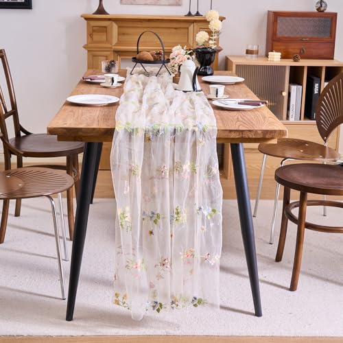 vctops 2 Packs Embroidery Lace Fall Table Runner 10ft Floral Garden Seasonal Tulle Table Runner Holiday Kitchen Dining Table Decoration for Wedding Party Baby Shower Birthday (Beige,30"x120") - color: Beige