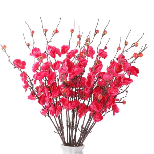 Cherry Blossom Branches Artificial Flowers for Winter Spring Indoor Decoration, Plum Fake Peach Plants for Wedding Home Office Bedroom Party Decor (Rose red, 22in) - color: Rose Red, size: 22in