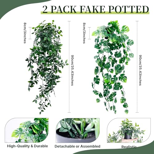 Artificial Hanging Plants for Shelf, Fake Potted Greenery 2-Pack Faux Mandala and Monstera Leaves Vines in Black Pot, Décor for Office Living Room Bathroom Indoor Outdoor - color: 2-pack Mandala and Monstera Vines
