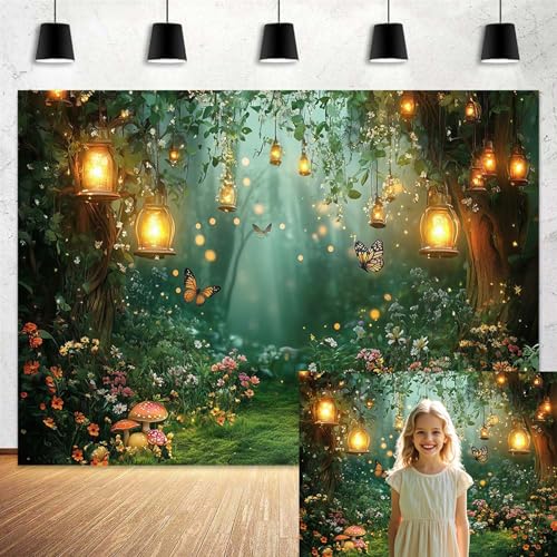 Spring Enchanted Forest Backdrop, Fairy Tale Wonderland Garden Backdrops for Photoshoot, Mushroom Butterfly Woodland Fairy Tea Party Decorations Photo Booth Studio Props Backdrops 5X3FT - color: Green, size: 5X3FT