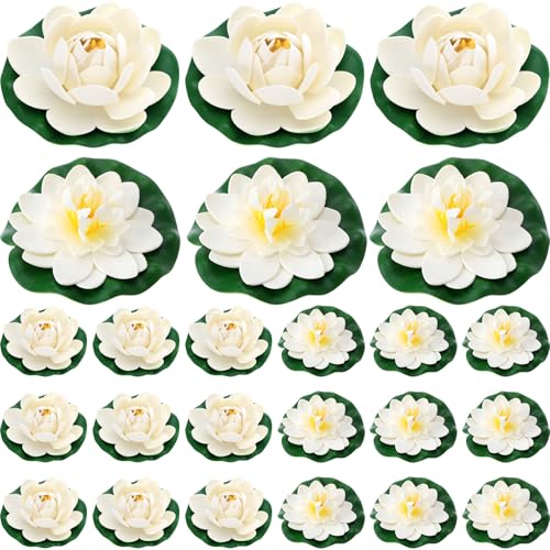 Suncalla 24 Pcs Artificial Floating Foam Lotus Flower with Water Lily Pad, 4", White Color Lifelike Ornament Home Garden Pond Decor Indian Decorations Return Gifts - color: White, size: 4"