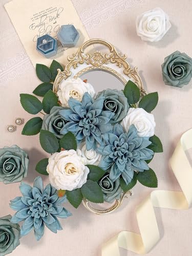 FACINOC Roses Artificial Flowers Blue Fake Flower Bulk for DIY Wedding Bouquets Bridal Baby Shower Centerpiece Table Decorations Silk Faux Floral Arrangements for Party Home Decor Indoor Dusty Blue - color: F (Blue, White Fake Flowers)