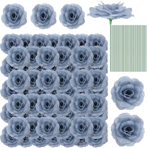 Yunlly 100 Pcs Artificial Flowers Fake Silk Roses Long Stem Rose Bouquet Wedding Party Home Decor for DIY Baby Shower Centerpieces Tables Home Decorations (Dusty Blue) - color: Dusty Blue