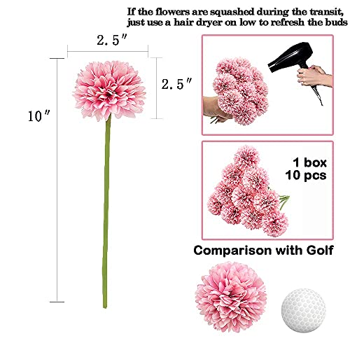 10Pcs Artificial Fake Flower Plants Silk Chrysanthemum Ball Hydrangea Arrangements Wedding Bouquets Decor Home Kitchen Garden Party Table Floral Centerpieces DIY(Dark Pink) - color: Dark Pink