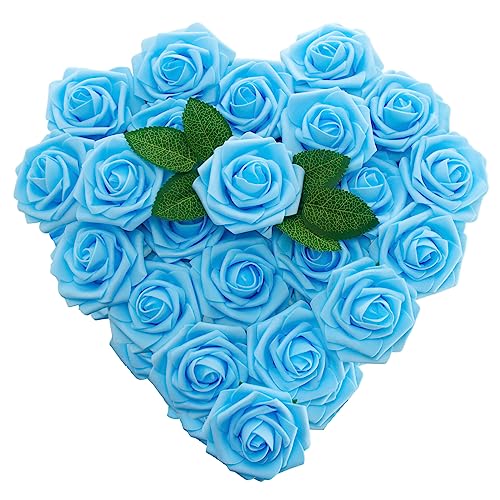 [25PCS] Blue Roses Artificial Flowers with Long Stem Real Touch Fake Foam Roses for Decoration DIY Wedding Bouquets Centerpieces Bridal Shower Mothers Day Party Flower Arrangements Home Decor - color: Blue-1