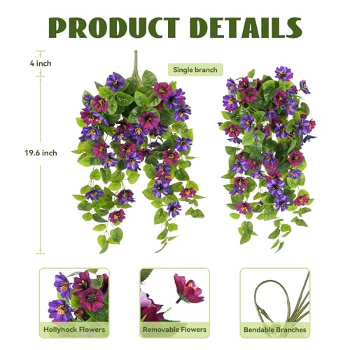 Hrobek Fake Artificial Flowers Hanging for Outdoors Decor, 2 Bundles UV Resistant Faux Silk Flowers for Planters Porch Patio Window Yard Balcony Fence Decoration - color: Rose Red, Dark Purple-1