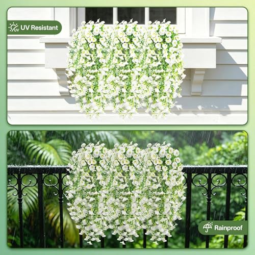 Artificial Hanging Flowers for Outdoors, 4 PCS UV Resistant Morning Glory Flowers with Eucalyptus Leaves, Silk Fake Flower Realistic Faux Plants for Home Patio Porch Garden Decor, White - color: White