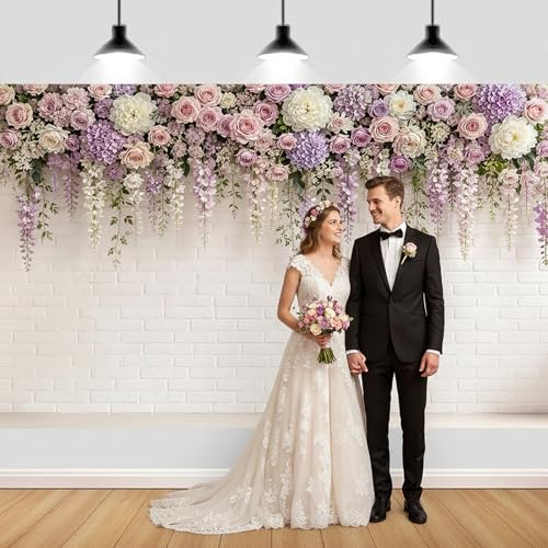 JAWO 5X3ft Floral Brick Wall Backrop Pink Purple Rose Hydrangea Hanging Vine White Brick Wall Photography Backdrop Wedding Bridal Baby Shower Birthday Anniversary Party Decor Photo Booth Prop - color: Purple2, size: 5X3