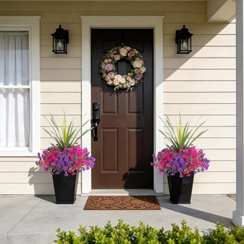 Artificial Flowers for Outdoors Fake Plants Outside, 12 Bundles Silk Morning Glory with Eucalyptus + Orchid Leaf UV Resistant Realistic Faux Flowers for Porch Planter Garden Patio (Purple Fuchsia) - color: Purple Fuchsia