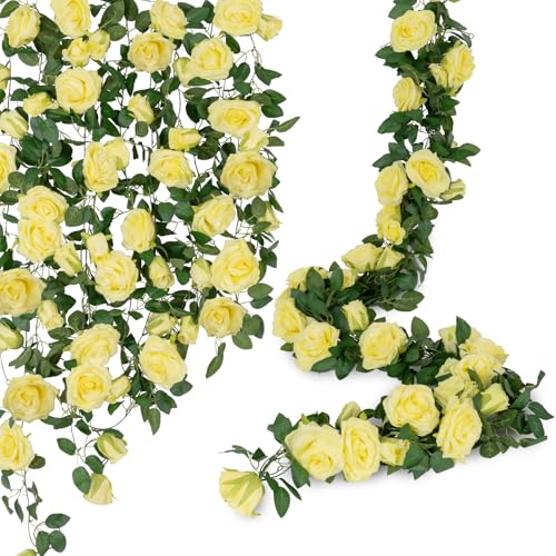 U'Artlines 3 Pack Artificial Yellow Rose Vines Floral Garlands Total 19.5 Ft Fake Vine Silk Flower Garland for Indoor Outdoor Home Wedding Arch Garden Wall Decoration - color: Yellow, size: Set of 3