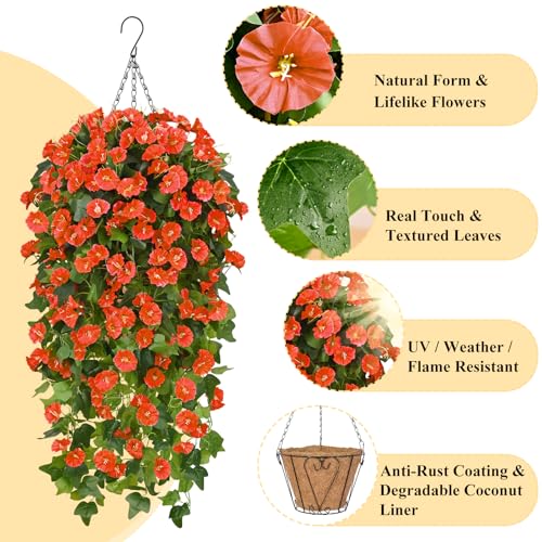 Waipfaru Artificial Fall Hanging Flowers Plants Baskets for Outdoors, Fake Mums, Fall Porch Outdoor Decor, Faux Mums Artificial Flowers with Hanging Baskets for Urn Fillers
