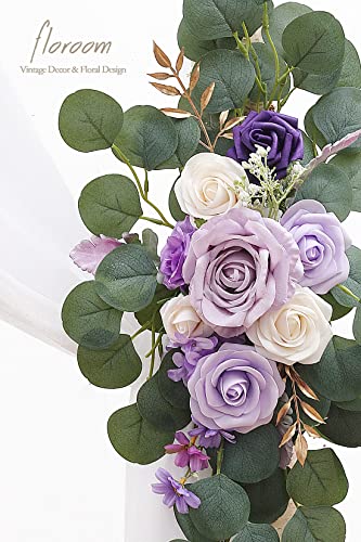 Floroom Arch Flowers with Drapes Kit (Pack of 4) - 2pcs Artificial Lilac Lavender Purple Floral Swag Arrangement with 2pcs Draping Fabric for Wedding Ceremony Arbor and Reception Backdrop Decoration - color: Lilac & Cream