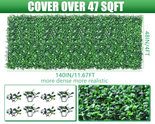 Grooy 48"x 144"(47 sq.ft) Artificial Boxwood Roll Panels with Flowers, UV-Anti Faux Ivy Leaves Privacy Fence Screen, Grass Wall Roll Panels for Indoor Home Decor and Outdoor Garden Backyard - size: 48X144IN