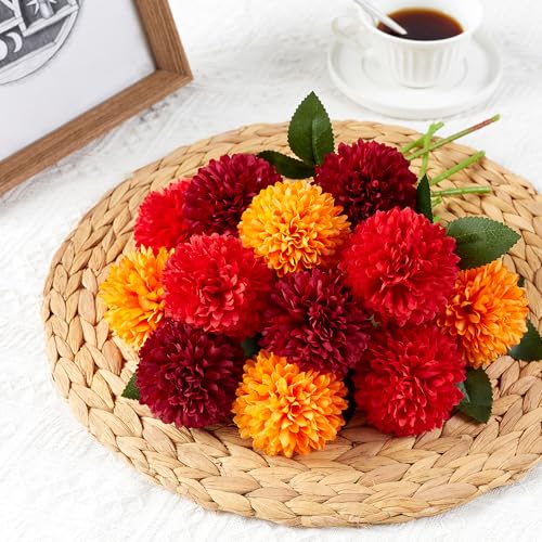SITUMEIZI 12 Pcs Artificial Chrysanthemums Flowers Ball Flower Fake Mums Silk for Wedding Home Kitchen Decoration Floral Arrangement(Burgundy,Red,Orange) - color: Burgundy,red & Orange, size: 12 Pieces