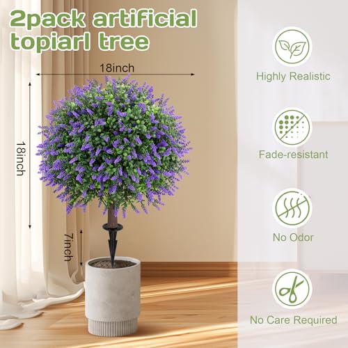 Artificial Lavender Topiary Ball Tree 25" with Ground Spike, Set of 2 Artificial Boxwood Bushes for Faux Shrubs, Fake Evergreen Faux Plant for Indoor Outdoor Porch Garden -UV Resistant–Fade-Proof - color: Lavender