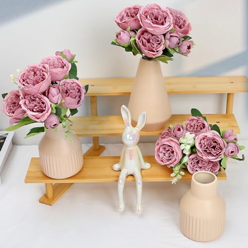 Flower Table Centerpiece - Dining Table Centerpiece Decor Set of 3 Fake Peonies in Ceramic Vases & Wood Tray Modern for Kitchen Island Living Room Coffee Table Home Decor (Dusty Pink) - color: Dusty Pink