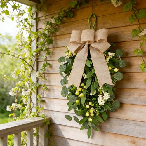 2 PCS 22" Artificial Green Eucalyptus Teardrop Swag for Front Door Greenery Swag Spring Summer Olive Kitchen Cabinet Wreath with White Berry for Farmhouse Home Porch Wall Window Festival Wedding Decor - color: Green Eucalyptus