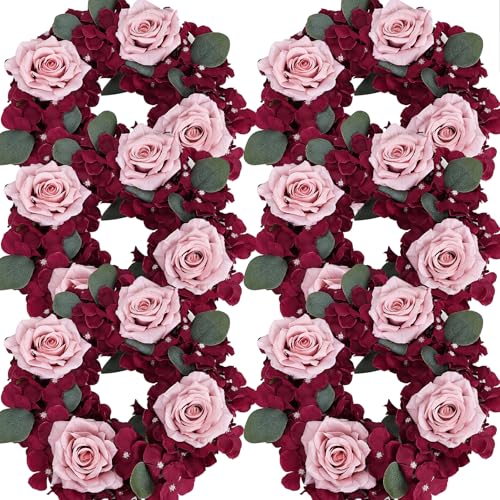 Artificial Flower Candle Rings - 6 Inch Inner Rose Floral Wreaths for Wedding Bridal Event Table Centerpieces Backdrop Decorations (Burgundy & Dusty Pink, 6 X Candle Rings) - color: Burgundy & Dusty Pink, size: 6 X Floral Wreaths
