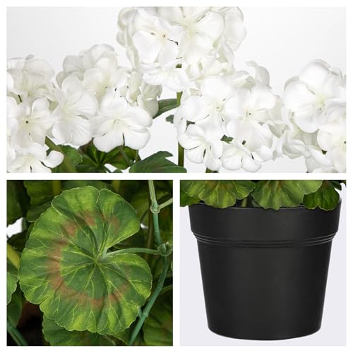 Briful Artificial Geranium Potted Plant – 16” Tall, Realistic Silk Flowers with Vibrant Green Leaves, White Geraniums Fake Flowers for Outdoors Home Décor, Wedding Farmhouse Office Tables Decor - color: White