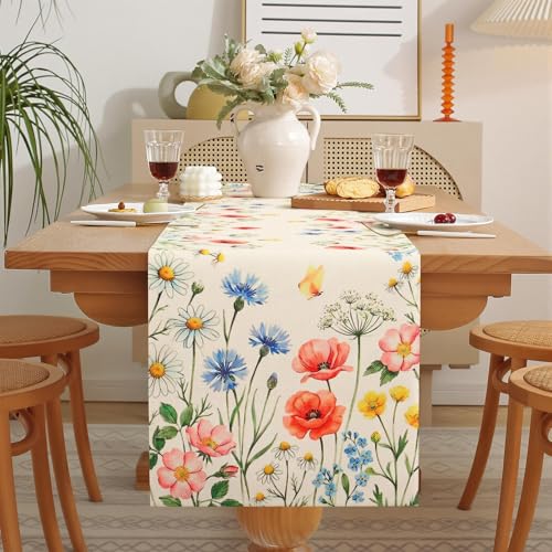 Betylifoy Daisy Floral Table Runner Watercolor Wildflower Butterfly Table Runners Spring Summer Kitchen Dining Table Decoration for Home Party Coffee Table Decor, 13x71 Inch - color: Floral, size: 13x71inch