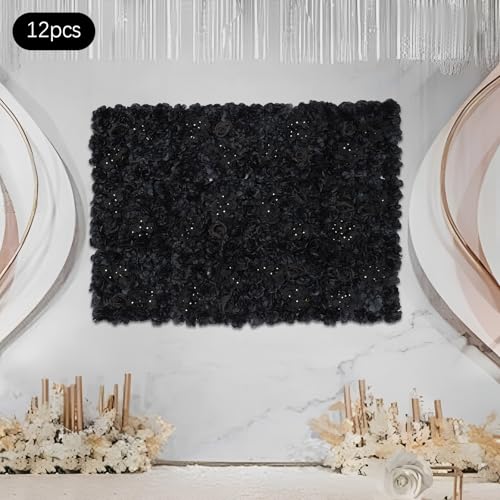 12Pcs Artificial Flower Wall Panel 15" X 15" Flower Wall Decor Backdrop Panels Floral Backdrop Wall Faux Flower Panel for Home Party Wedding Photo Backgdrop Decor (Black) - color: Black