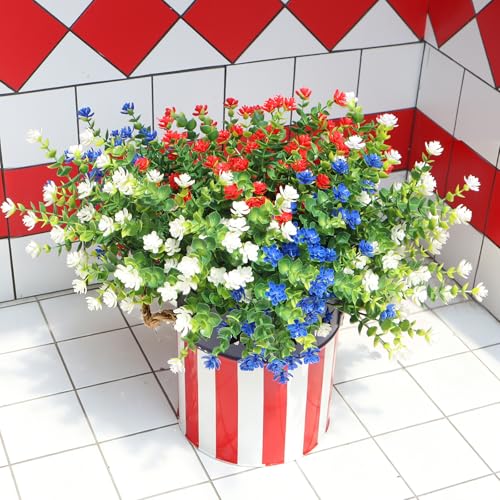 Artificial Flowers for Outdoors,12 Bundles UV Resistant Artificial Outdoor Flowers for 4th of July, Not-Fading Plastic Faux Flowers for Outdoor Planters for Home Garden Decor, Blue, Red, White - color: Blue+red+white