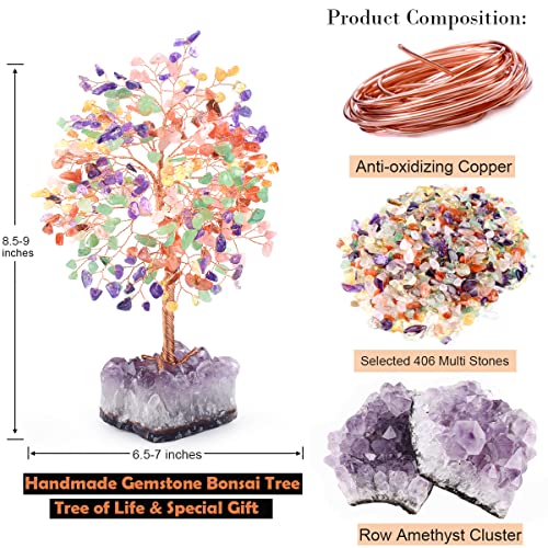 Chakra Tree of Life Natural Gemstone Crystal Tree,Healing Stones(406 Stone Count) with Amethyst Cluster,Fengshui Decor Bonsai Money Tree,Positive Energy Good Luck Gift Size 8.5"-9" - color: Multi Stone With Amethyst Cluster Base
