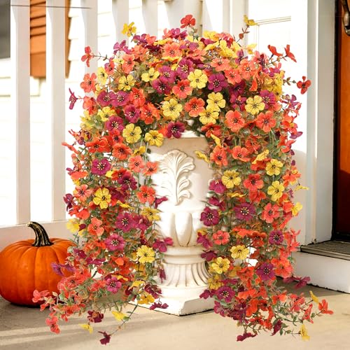 Hommyea Artificial Hanging Flowers for Outdoors, 2 Pcs Fake Hanging Plant Fall Decor, UV Resistant No Fade Faux Silk Daisy Flower for Planter Front Door Porch Patio Yard Garde - color: Orange,brown,yellow
